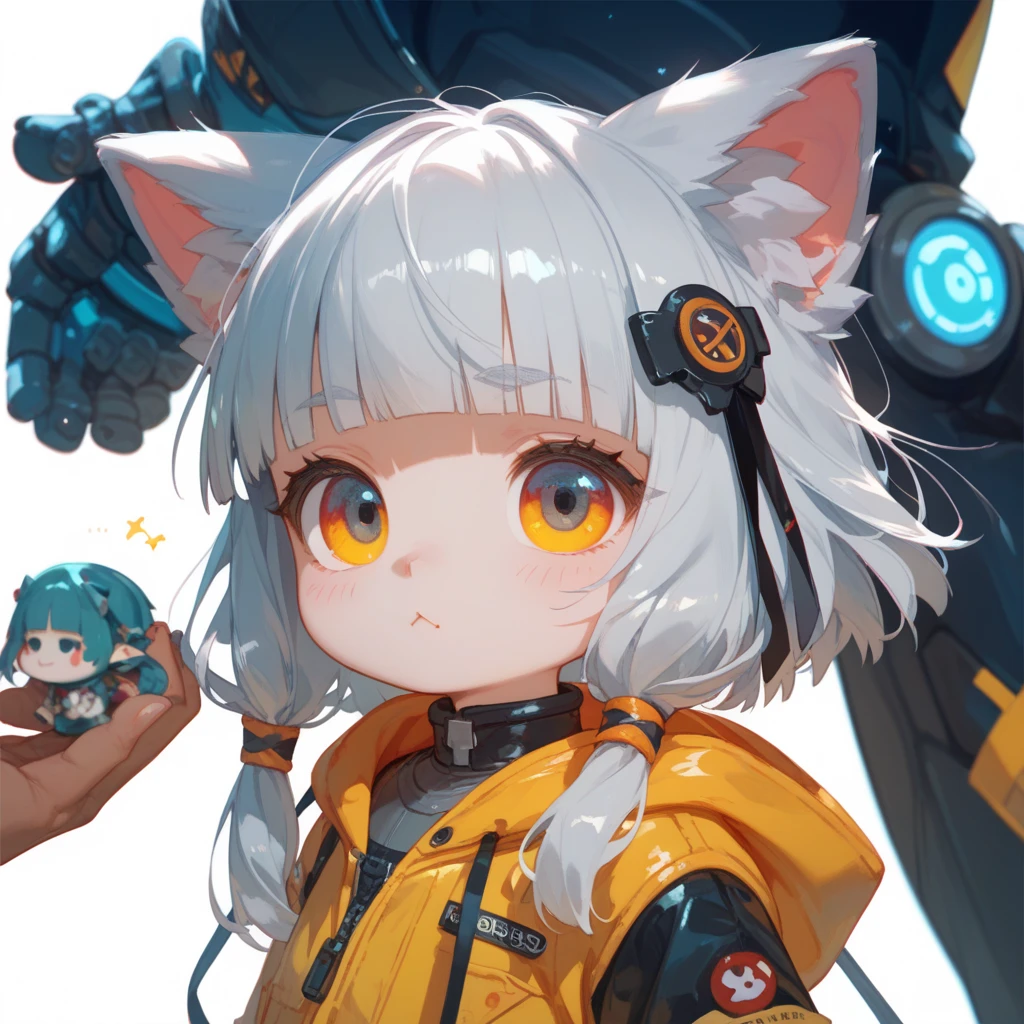 "A young boy with bright grey hair , hime cut , bright skin, and the soft expression , wearing future clothing , yellow clothes.  The boy , wolf ears.  The white background , gives full focus to the character of the boy , cute chibi , ribbon ,"