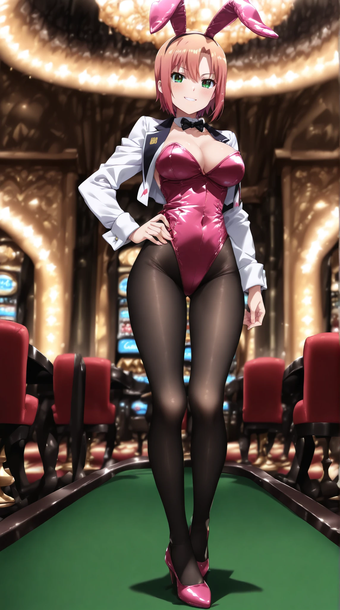 kiko, short hair, hair over one eye, asian, tanned skin, tanned, 35yo, mature woman, milf, serious, mad, dangerous, black female suit, cleavage, big breasts, suit skirt, nylon stockings, nylon thighighs, back heels, full body, sit with elegance, in a diamond design casino