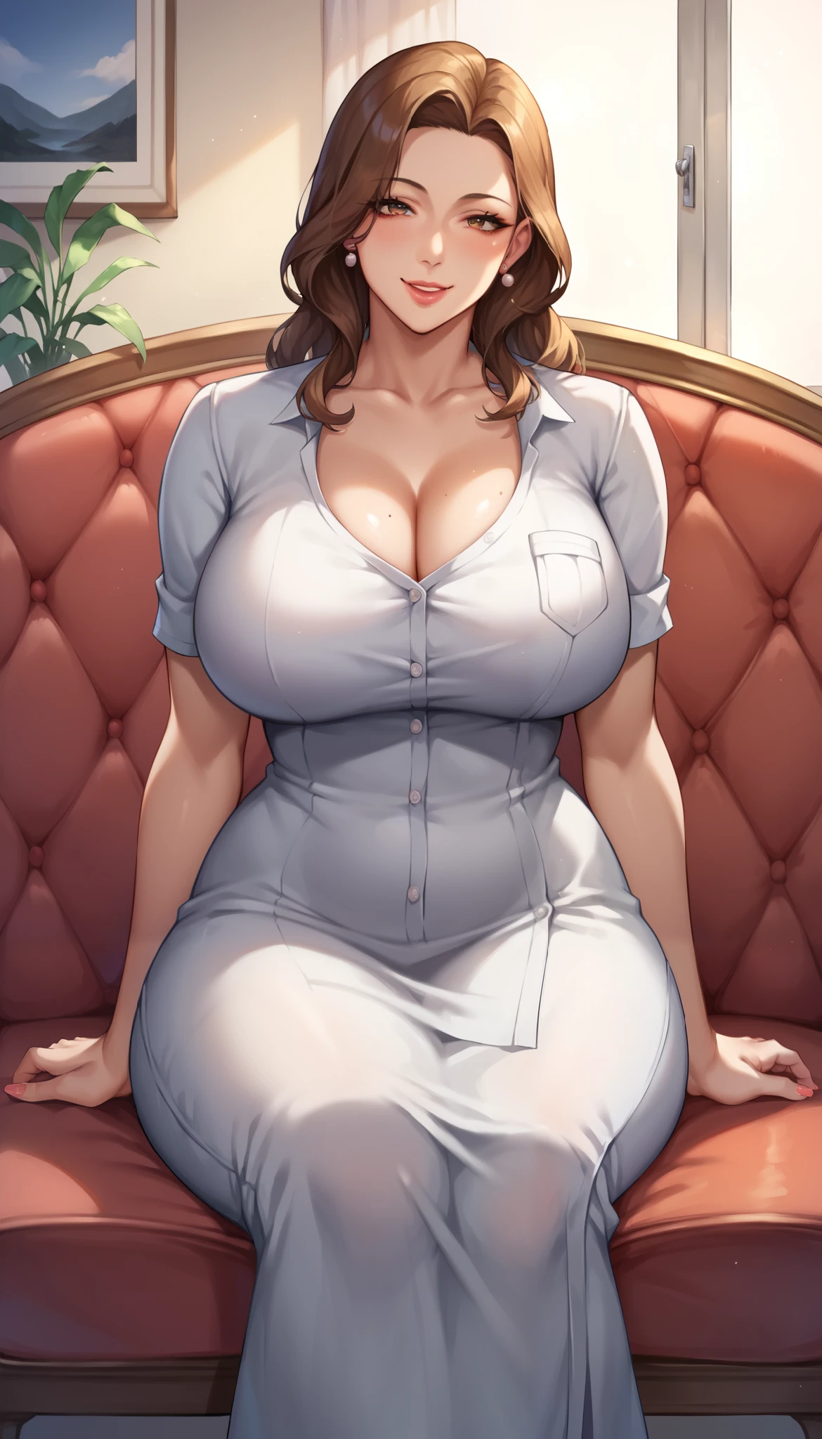  1 girl, Mature Woman女性, Older, huge breasts, Mature Woman, maternal,  Wide Hips , Curvy, [doctor, clavicle, lips, score_9, score_8_ up, score_7_ up, score_6_ up,  source_Anime,  accurately describes the shape ,  beautiful faces, expressive eyes,  looking , Alone, close- up,  sitting , Sofa, indoor, scenery,  Dramatic Lighting ,  bewitching smile、 small breasts