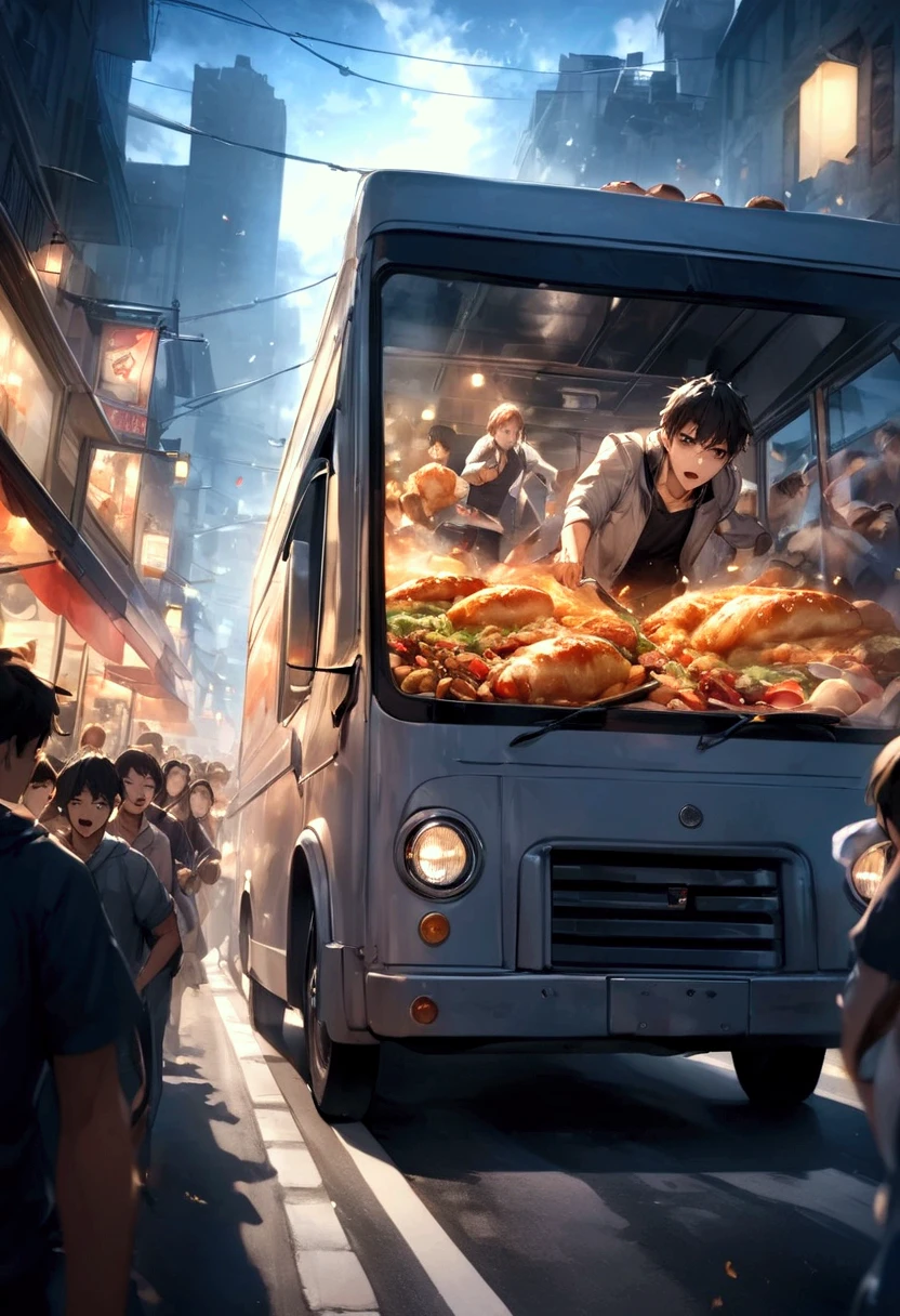 ( top quality , Very high definition) ,  cooking car running fast through the food street(( motion blur that sticks to your mouth:1.8)) , hungry crowd chasing the cooking truck with their noises( cinematic lighting:1.5 , dramatic effect:1.6 , Panic scene :1.8)