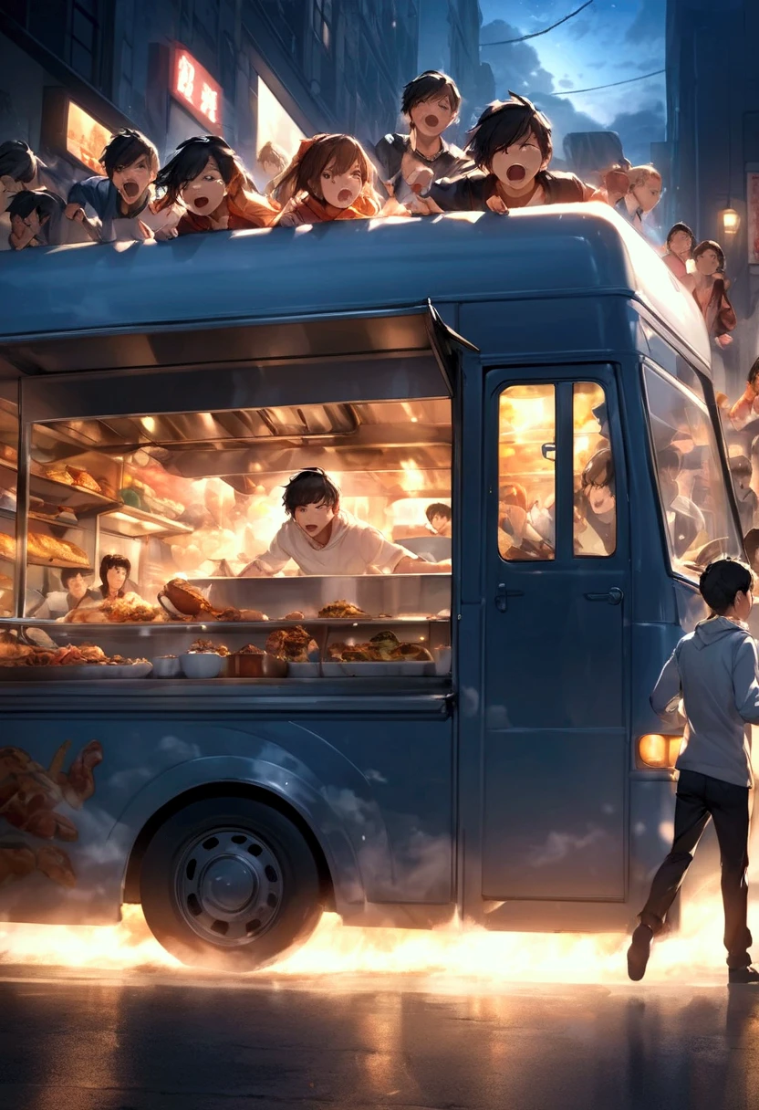 ('s greatest masterpiece , Very high definition) ,  cooking car running fast through the food street(( motion blur that sticks to your mouth:1.8 ,  Double Exposure :1.2)) , Young Man Driving "Asuka"The figure of is reflected in the sky , hungry crowd chasing cooking truck with a loud cry( cinematic lighting , Dramatic motion  , Panic scene )