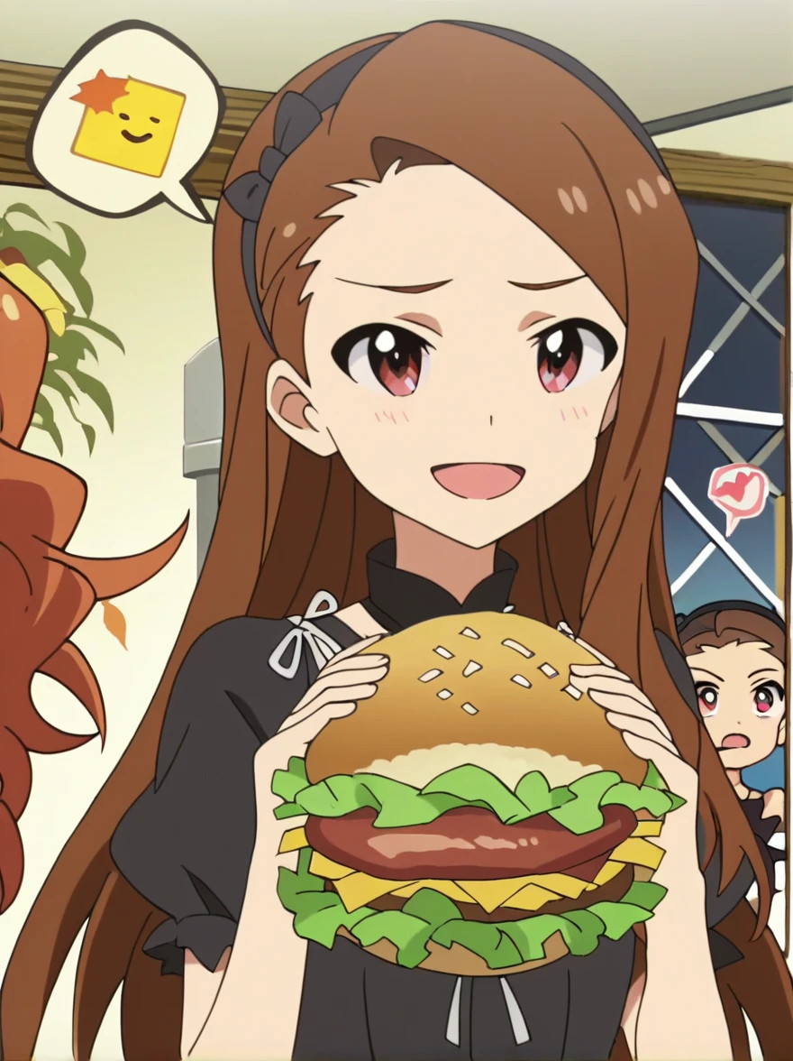 score_9, score_8_up, score_7_up, source_anime,anime screencap,anime coloring, official style, burger king
 Iori Minase, brown hair, brown eyes, long hair, black dress, black hairband, cheeseburger, pupil hearts, open mouth, spoken hearts, sad expression, smile, holding food looking cheeseburger 