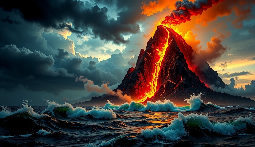 A dramatic apocalyptic scene inspired by Revelation 8:8. A colossal mountain, ablaze with intense orange and red flames, is hurled into a dark, turbulent sea. The fiery mountain glows fiercely, with molten lava cascading down its sides, lighting up the surrounding waters. The sea is chaotic, with massive waves crashing violently, their crests tinged with a reddish hue, symbolizing blood. The sky is dark and stormy, filled with ominous clouds illuminated by the fiery glow of the mountain. The overall atmosphere is one of divine judgment and cosmic upheaval, with a surreal and intense visual style. Smoke rises from the mountain, merging with the storm clouds above, creating a sense of looming destruction and awe.

Style: Realistic, apocalyptic, and dramatic, evoking awe and fear.