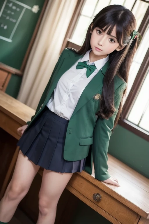 Masterpiece,  top quality,  One Girl , Alone, Nahida_genshin, Cross-shaped pupil,  school uniform,  green tie,  blazer,  pleated skirt at the top of the screen,  green cape,  is standing  