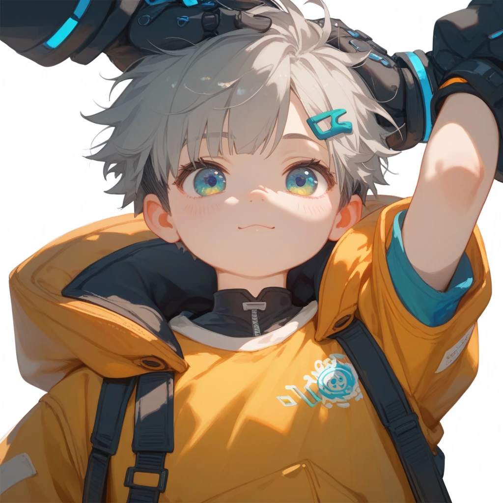 "A young boy with bright grey hair , short cut , bright skin, and the soft expression , wearing future clothing , yellow clothes.  The boy .  The white background , gives full focus to the character of the boy , cute chibi , hair clip ,"