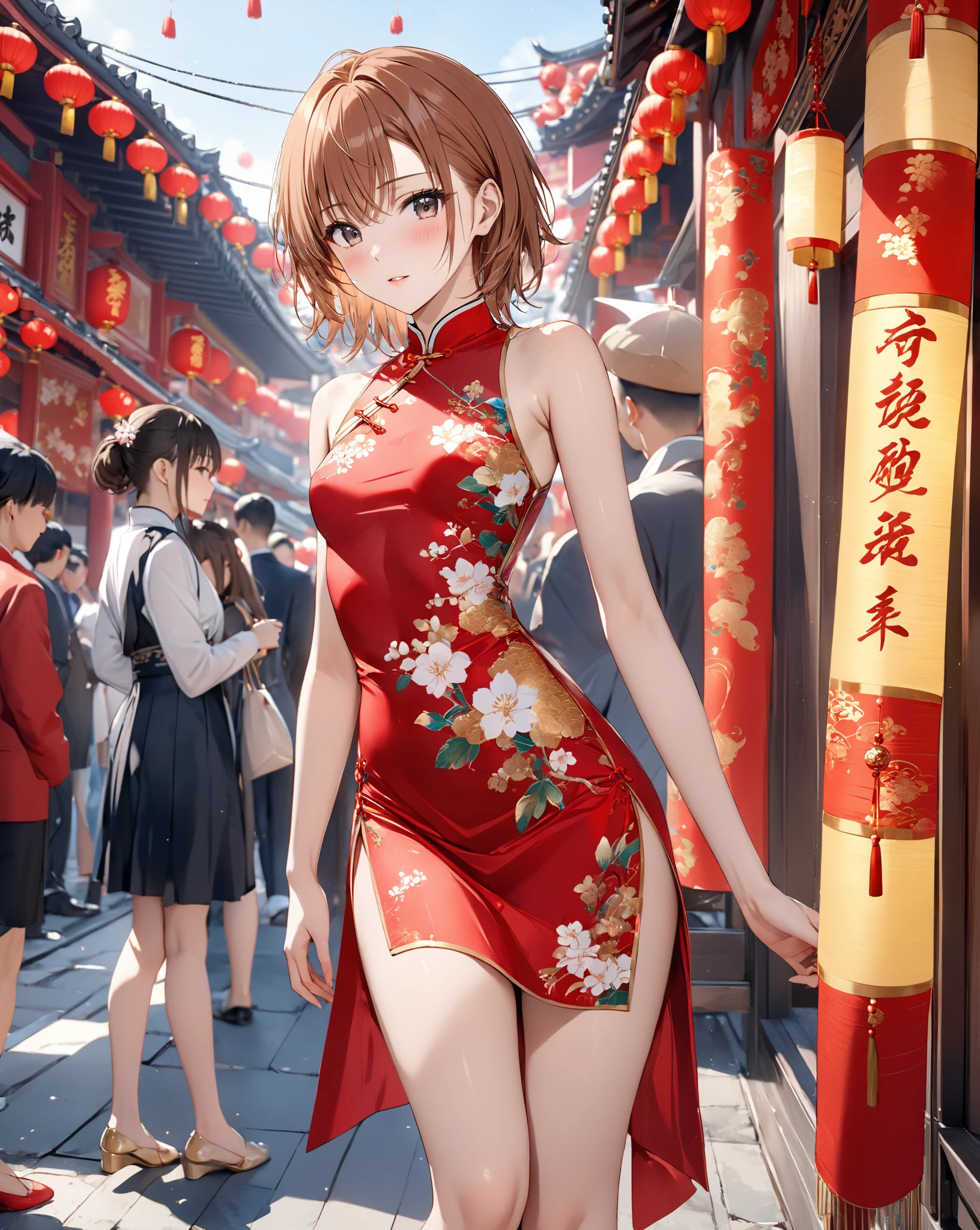 masterpiece, 1girl, best quality, chizuru mizuhara, waist-length chestnut-brown hair, a small ponytail hanging on the back, large breasts, brown eyes, full body, chinese dress, chinese clothes, cleavage, standing, arms behind back, looking at viewer