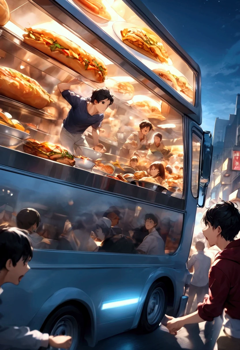 ( top quality , Very high definition) ,  cooking car running fast through the food street(( motion blur that sticks to your mouth:1.8)) , hungry crowd chasing the cooking truck with their noises( cinematic lighting:1.5 , dramatic effect:1.6 , Panic scene :1.8)