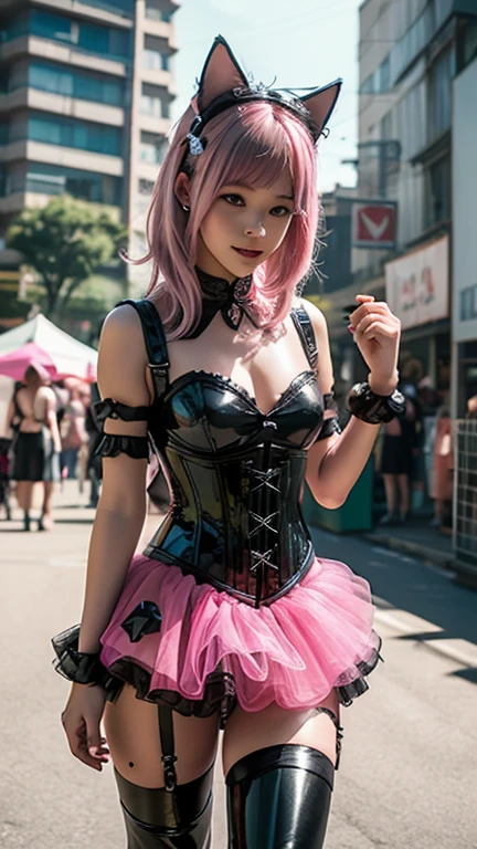 A beautiful stunning sexy gal holding a glass heart at her waist containing small pink paper hearts, wearing black and pink mini skirt, pink bikini, punk gal attitude, sexy chick, punk Harajuku style, pink hair, full front view facing the camera, 8k resolution, professional photography, hyperdetailed,