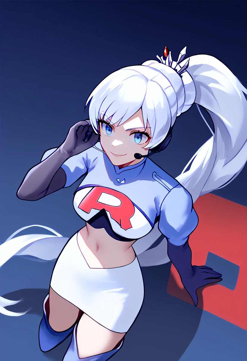 Team rocket, team rocket uniform, red letter R, white skirt,white crop top,black thigh-high boots, black elbow gloves, evil smile, night sky background, headset, large breasts, high-heeled boots, Weiss Schnee, white hair, blue eyes, side ponytail