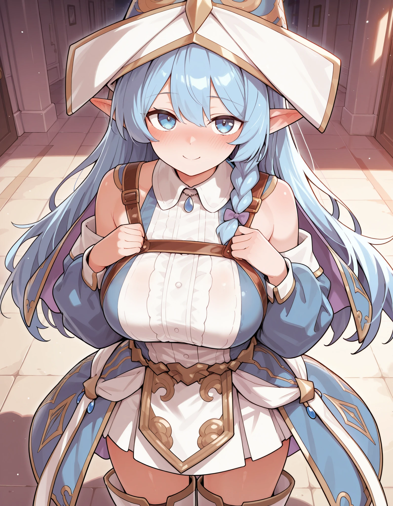 Beautiful girl, blue hair, blue eyes, pointed hat, big chest, nice buddy, white collar shirt, sleeveless, detachable sleeve, large witch hat, harness skirt, mini skirt, blue sleeve, white and blue costume, white boots, melomero delle, love, nice buddy, solo cowboy shot blushing, frontal smile slender