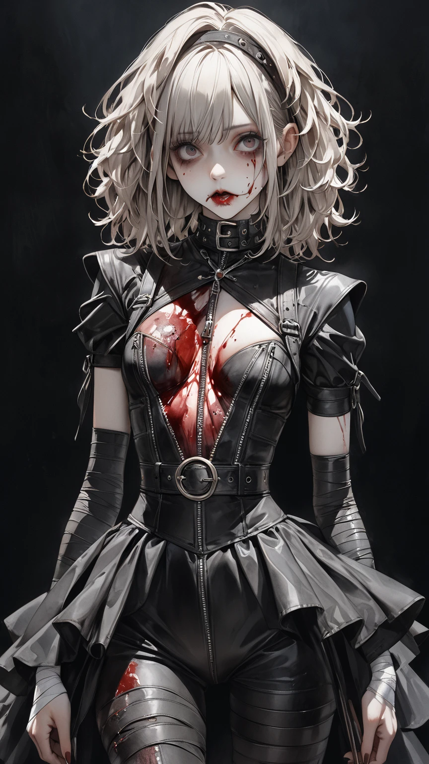 high res , masterpiece, Accurate,  top quality,  high res model,  high detail, Anatomically Accurate, Norman Rockwell & Tim Burton styl、Watercolor touch、 Edward Scissorhands、black leather costume、Skinny, fair-skinned man、alone,  dark background 、 fantasy、 Horror、 darkness、Gothic、 1 girl, Bandage with blood、