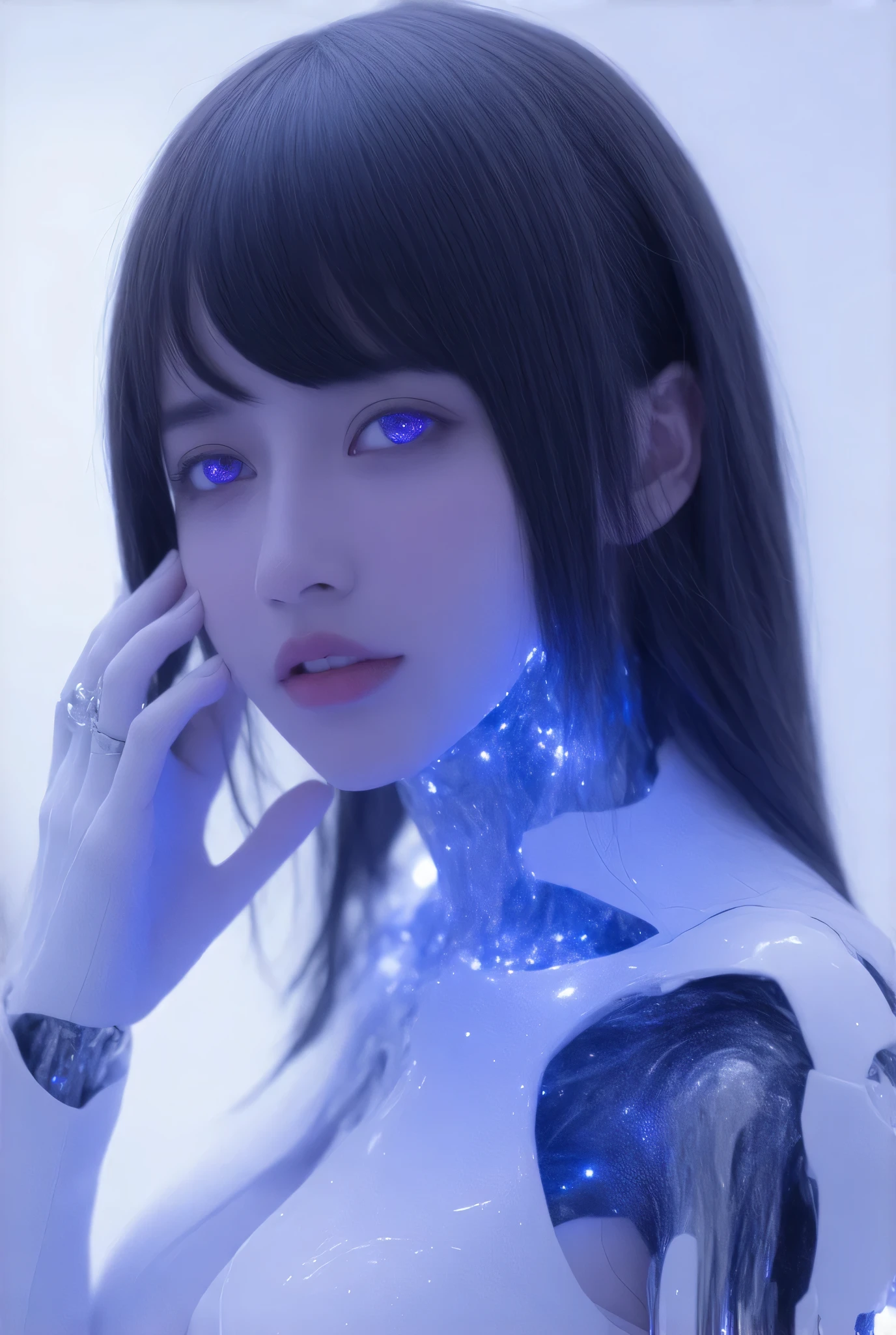 Create a hyper-realistic portrait of a futuristic, humanoid cyborg. The character should have an ethereal appearance with glowing, robotic enhancements integrated into its face and body. The skin should appear smooth and semi-transparent, with hints of liquid metal that reflect light. The eyes should be large, with violet irises that emit a soft glow, conveying a sense of intelligence and emotion.

Incorporate intricate mechanical elements in the character's hair, which should be long and flowing, also featuring neon colors like blue and purple. The cyborg’s right hand is gently touching its face, highlighting a blend of human and robotic features, with mechanical joints and glowing circuits visible.

The background should be a soft gradient, transitioning from white to pale blue, to enhance the character's futuristic feel. Aim for a balance between beauty and technology, emphasizing the harmony of human-like emotions within a robotic form