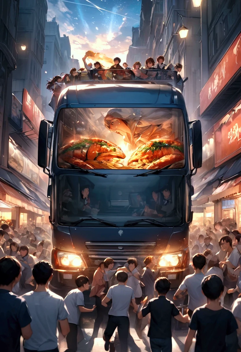 ( top quality , Very high definition) ,  cooking car running fast through the food street(( motion blur that sticks to your mouth:1.8)) , hungry crowd chasing the cooking truck with their noises( cinematic lighting:1.5 , dramatic effect:1.6 , Panic scene :1.8)