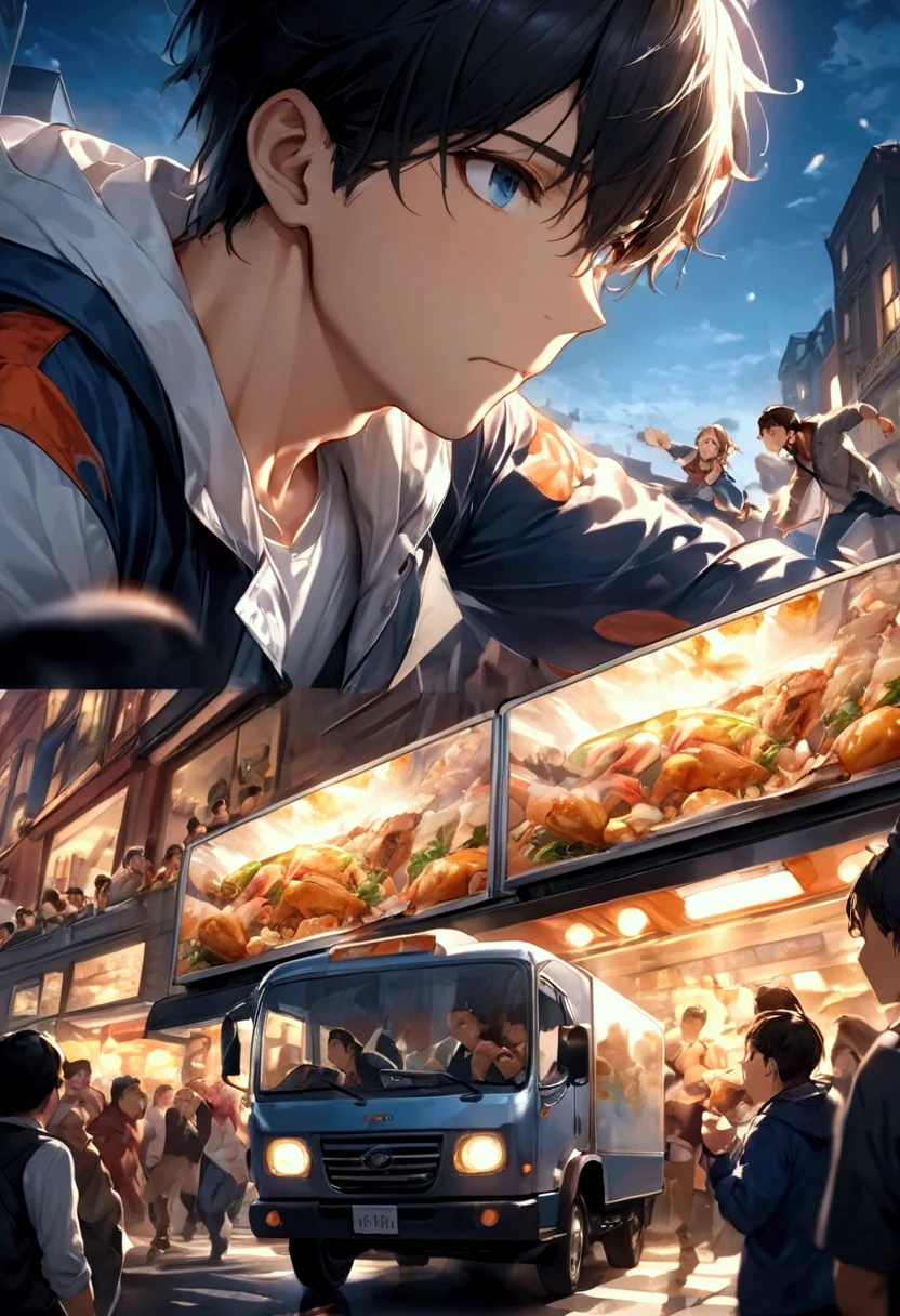 ('s greatest masterpiece , Very high definition) ,  cooking car running fast through the food street(( motion blur that sticks to your mouth:1.8 ,  Double Exposure :1.2)) , Young Man Driving "Asuka"The figure of is reflected in the sky:2.5 , hungry crowd chasing the cooking truck with their noises( cinematic lighting , Dramatic motion  , Panic scene )