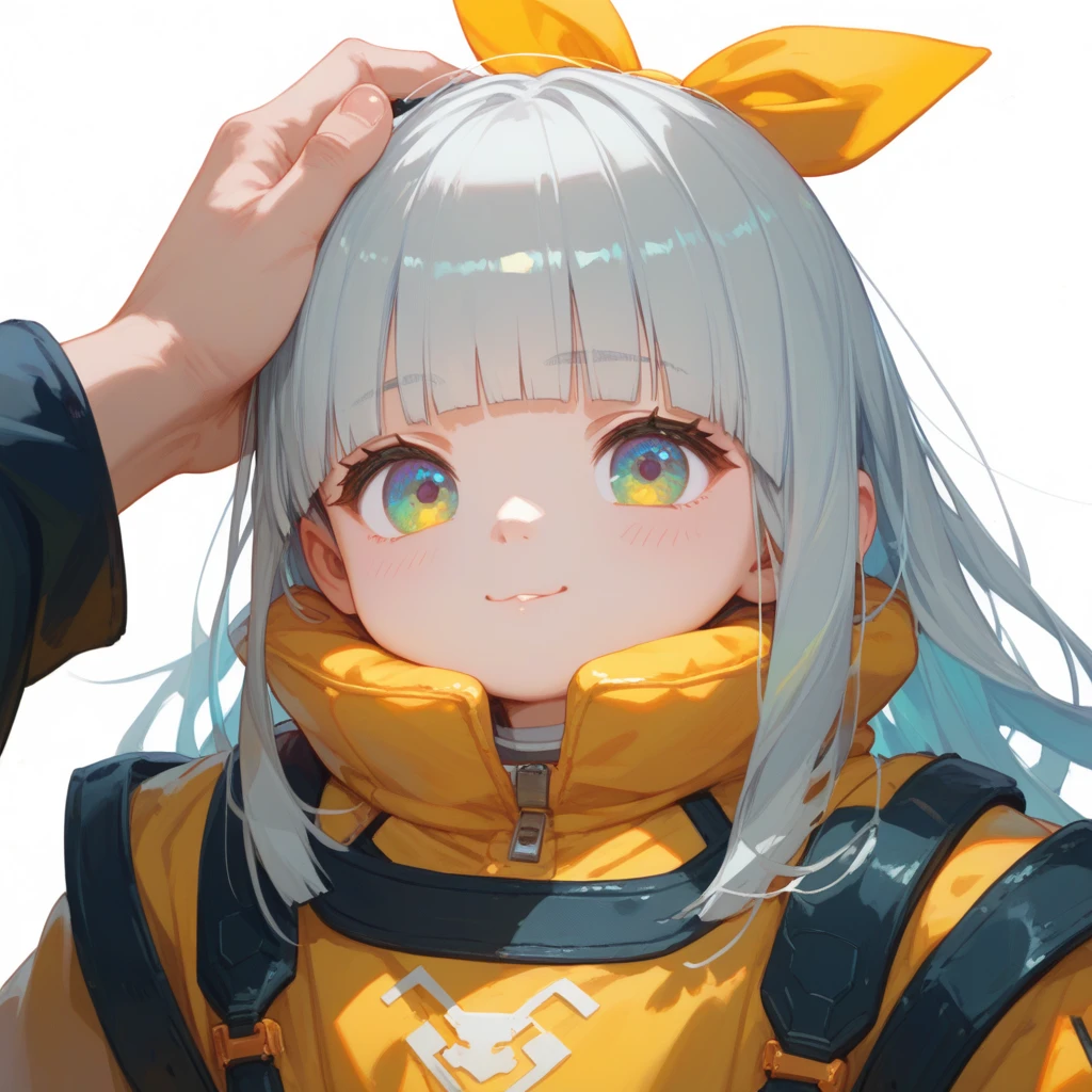 "A young boy with bright grey hair , hime cut , bright skin, and the soft expression , wearing future clothing , yellow clothes.  The boy .  The white background , gives full focus to the character of the boy , cute chibi , ribbon ,"