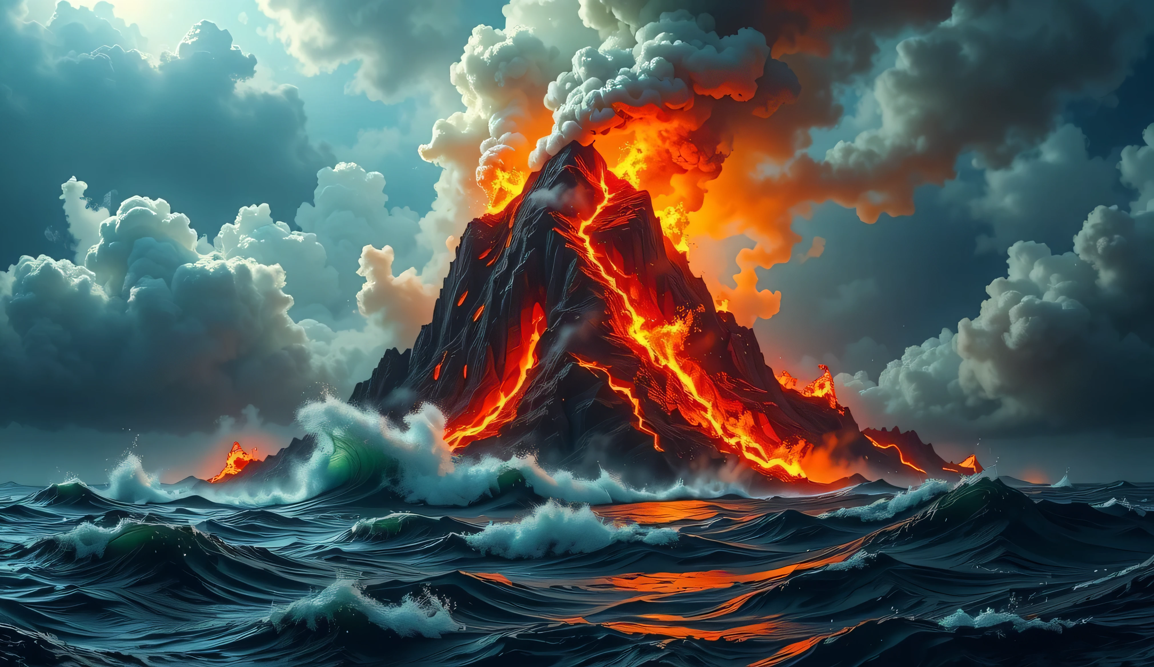 A dramatic apocalyptic scene inspired by Revelation 8:8. A colossal mountain, ablaze with intense orange and red flames, is hurled into a dark, turbulent sea. The fiery mountain glows fiercely, with molten lava cascading down its sides, lighting up the surrounding waters. The sea is chaotic, with massive waves crashing violently, their crests tinged with a reddish hue, symbolizing blood. The sky is dark and stormy, filled with ominous clouds illuminated by the fiery glow of the mountain. The overall atmosphere is one of divine judgment and cosmic upheaval, with a surreal and intense visual style. Smoke rises from the mountain, merging with the storm clouds above, creating a sense of looming destruction and awe.

Style: Realistic, apocalyptic, and dramatic, evoking awe and fear.