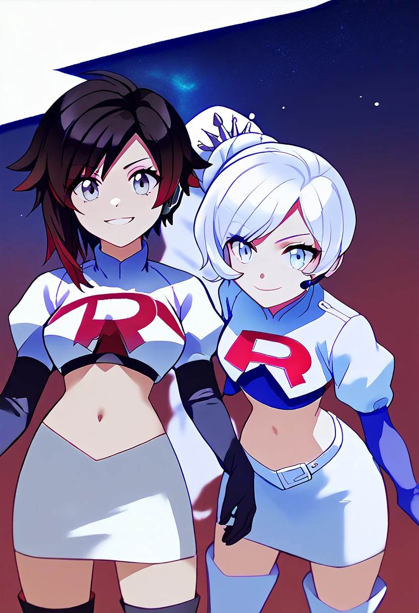 2 girls, Team rocket, team rocket uniform, red letter R, white skirt,white crop top,black thigh-high boots, black elbow gloves, evil smile, night sky background, headset, large breasts, high-heeled boots, Ruby Rose, Weiss Schnee,