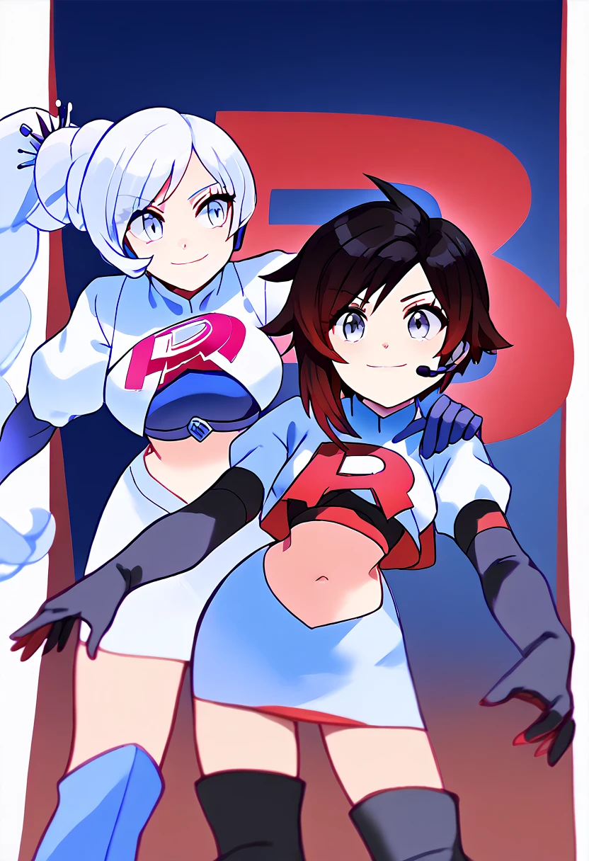 2 girls, Team rocket, team rocket uniform, red letter R, white skirt,white crop top,black thigh-high boots, black elbow gloves, evil smile, night sky background, headset, large breasts, high-heeled boots, Ruby Rose, Weiss Schnee,