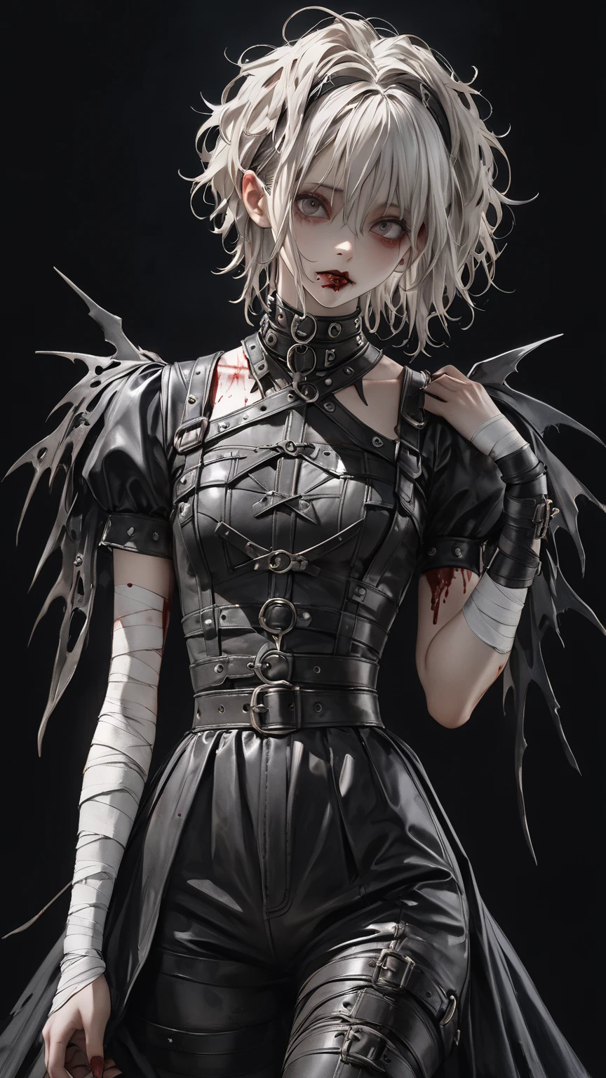 high res , masterpiece, Accurate,  top quality,  high res model,  high detail, Anatomically Accurate, Norman Rockwell & Tim Burton styl、Watercolor touch、 Edward Scissorhands、black leather costume、Skinny, fair-skinned man、alone,  dark background 、 fantasy、 Horror、 darkness、Gothic、 1 girl, Bandage with blood、