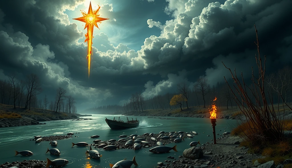 A haunting apocalyptic scene inspired by Revelation 8:10-11. A great star, blazing like a torch, falls from a dark and stormy sky, piercing through the air and crashing into rivers and streams. The waters below turn an ominous black and deep green, symbolizing bitterness and poison. The surface of the rivers is eerily still, with faint swirling patterns of toxic mist rising above. Dead fish and other aquatic life float lifelessly on the surface, and the surrounding landscape is desolate and barren, reflecting the death and despair caused by the poisoned waters. The sky above is filled with heavy, swirling clouds, illuminated faintly by the fiery glow of the falling star. The overall mood is one of sorrow, warning, and divine judgment.

Style: Realistic yet surreal, apocalyptic, and darkly atmospheric, emphasizing the bitter, poisoned waters and their deadly effects.