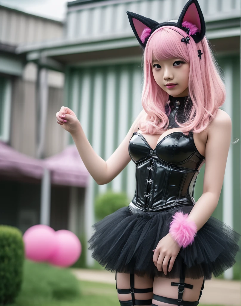 Asian  solo with pink hair, straight hair, slim model, pink and black latex corset, pink and black tutu skirt, latex arm warmers, knee high latex boots, cat ears, bouncy castle, sex porn , femdom
