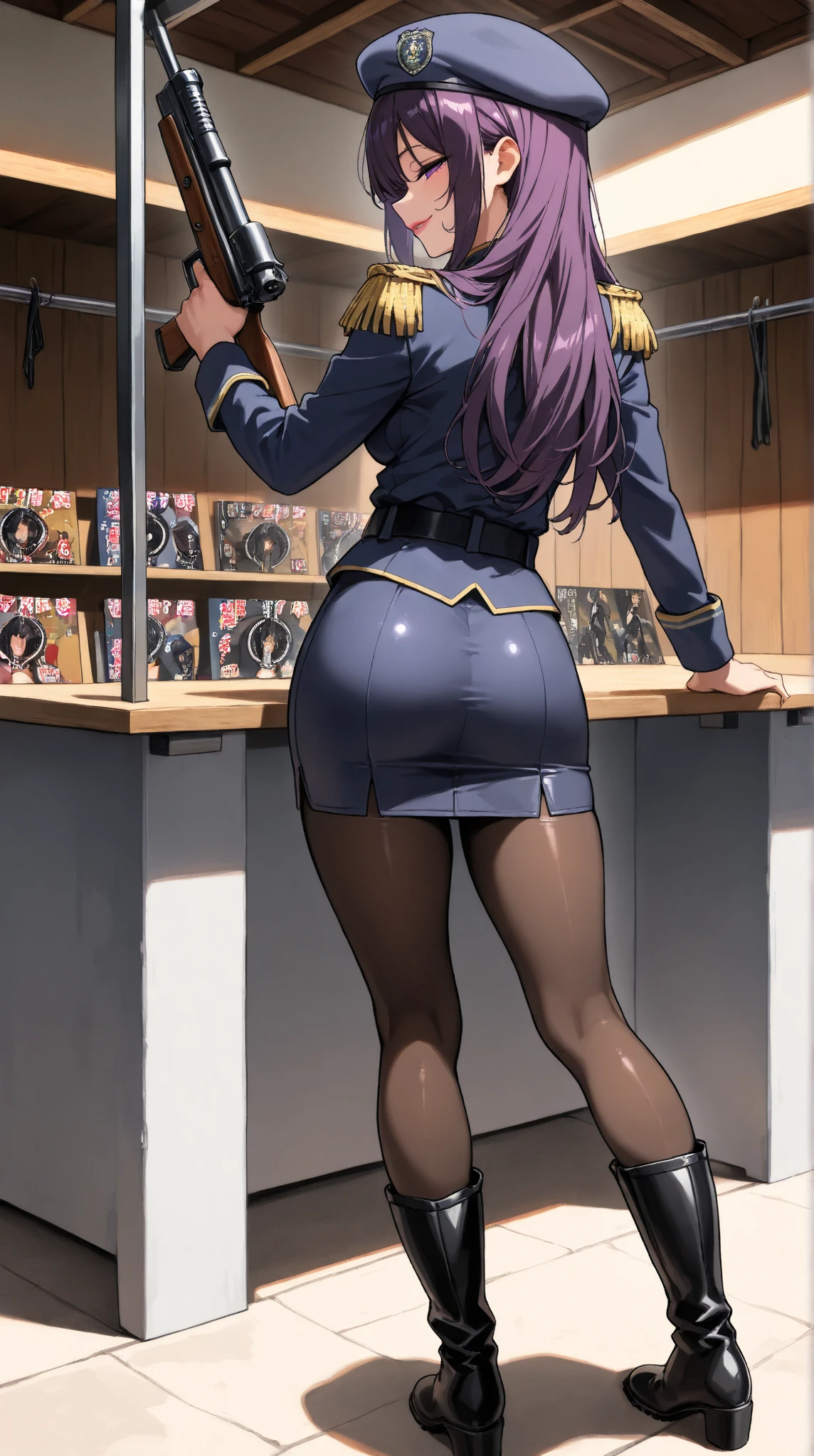  challenging a shooting stall ,(masterpiece, top quality, very detailed depiction, Incredibly Absurd High Resolution ,Curvaceous Body,High quality anime drawings),(female cavalry officer , epaulettes holding a shooting gun, tight skirt , bodystocking ,Beret, black tights, boots),( brown skin next to a woman:1.3, purple eyes, half-closed eye ,Glossy lipstick, for a slender figure,Beautiful legs,Beautiful thighs,High quality skin),( bewitching smile,Seductive gestures), full body image , from behind,profile,射的のstallに挑戦している,shooting game,He is holding a shooting gun with his elbow on the table, shooting targets are placed side by side on the back shelf,background:Festivalsのstall,Festivals,stall,賑やかなFestivals,