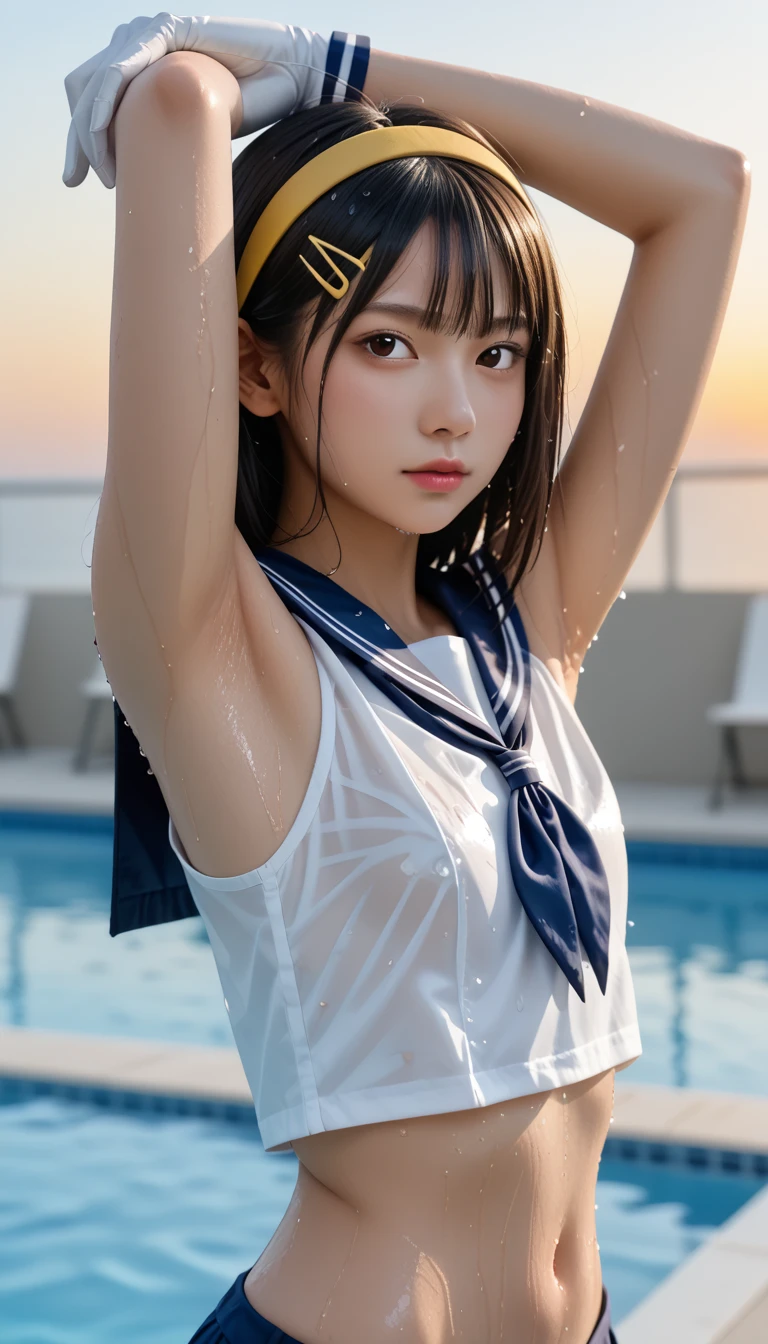  wet single Japanese  、masterpiece 、  top quality 、  ultra high definition、 realistic、 dim sunset sunset 、  RAW photos 、4K Ultra HD、1080P、 oily skin、 brown eyes、 black hair、 wet straight hair 、 beautifully manicured hair 、 expressionless、 selfie、 side view、 break (((  beautiful model armpit close-up  、 pay attention to armpits  ,  focus clearly on armpits)))、 break (((Close-up armpit )))、 break ((( focus on beautiful armpits )))、 break (((Wet sailor collar , sailor cuffs、White Gloves、No pants)))、(((Wet sailor collar , yellow headband 、 hair clip)))、((Sunset sky 、Outdoor Pool、 blur background))、((( wet flat chest without bulge 、Five fingers)))、((( anatomically correct)))