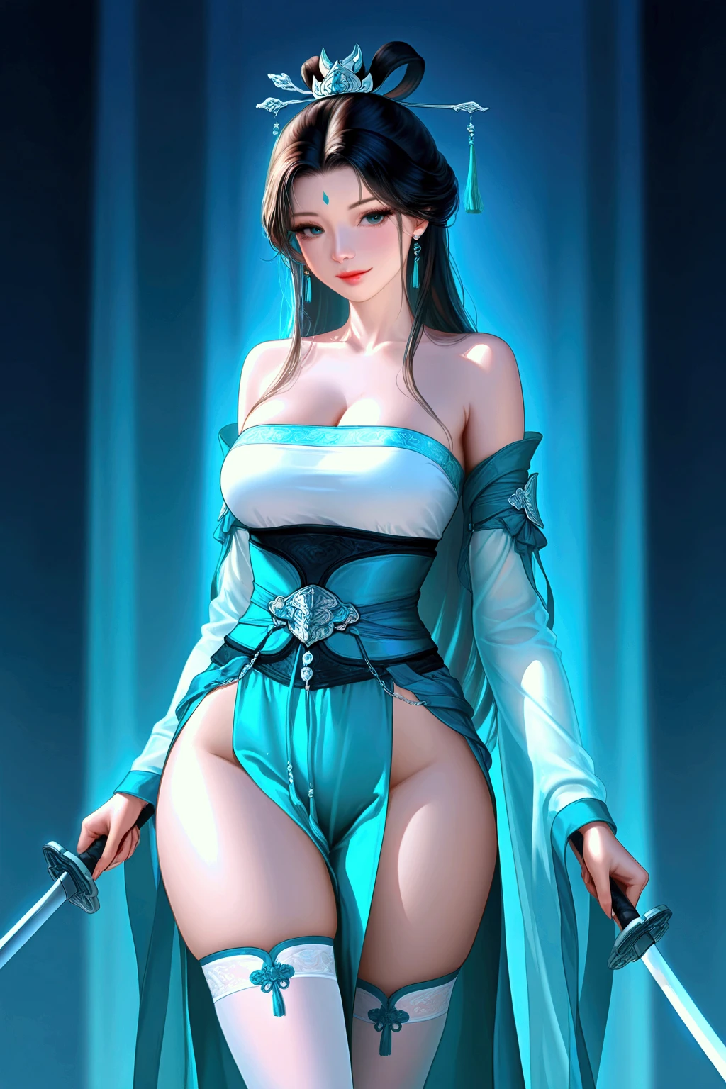 gufeng, guofeng, chinese clothes, hanfu,  thighhighs, seductive_smile,
 1girl, solo_focus, eyelashes, breasts, cleavage, thick thighs, cowboy shot, 
masterpiece, best quality, realistic, 8k, official art, cinematic light, ultra high res, perfect female body, sharp focus, 
HDR, 8k, amazing quality, very aesthetic, absurdres, newest, detailed skin, detailed eyes, detailed hair, fantasy, 
chinese , weapons, 