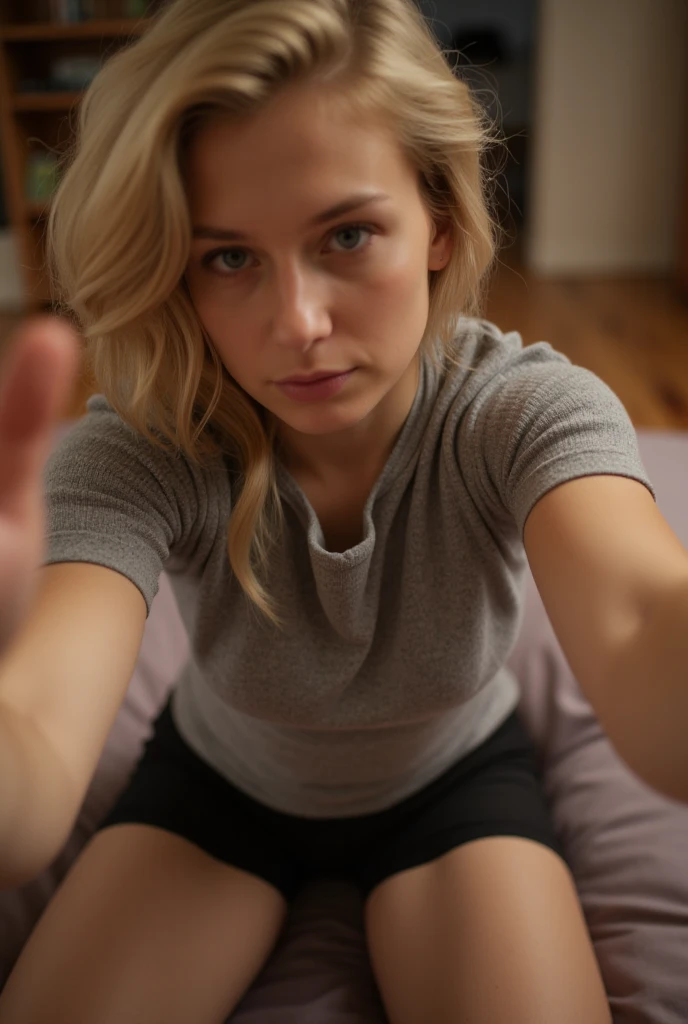  POV. First person. realistic photo .  Intimate environment, curtains are closed.  warm lighting .  POV lying, in a villa in the expensive house in switzerland, early morning, winter. We look very high, up, into the ceiling, we don’t see the bed. POV very above and extremely close there is another , hot sexy blonde ,  athletic build . European girl   . Her face is focused and very serious. She is wearing a tight grey sweater with short sleeves, and black tight shorts.  Her wavy hair is loose. The girl is kneeling very close to us and her torso as above to us, she reaches out with both her hands very closely, we can't see her palms, they are very very close to us like she hold our armpits