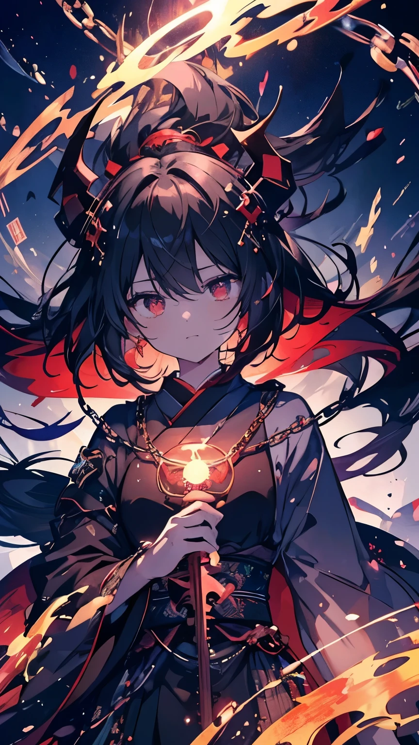 1 girl , cast a spell, hold both hands in front of her ,((blue hexagram)) , character focus, (portrait) ,(front),serious face,open mouth, black hair, Kanzashi , Japanese clothing, (background flame) ,high resolution,(incredibly absurdres), (hires.fix:1.3),anime visual,extremely detailed CG unity 8k wallpaper, ((masterpiece)), ((top-quality)), (beautiful illustration), ((an extremely delicate and beautiful))