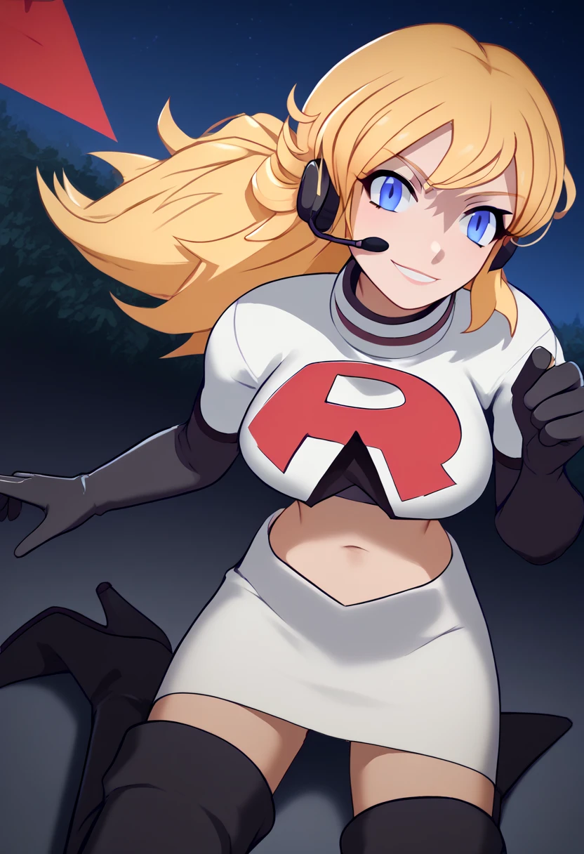 Team rocket, team rocket uniform, red letter R, white skirt,white crop top,black thigh-high boots, black elbow gloves, evil smile, night sky background, headset, large breasts, high-heeled boots, Yang Long, blonde hair, purple eyes,