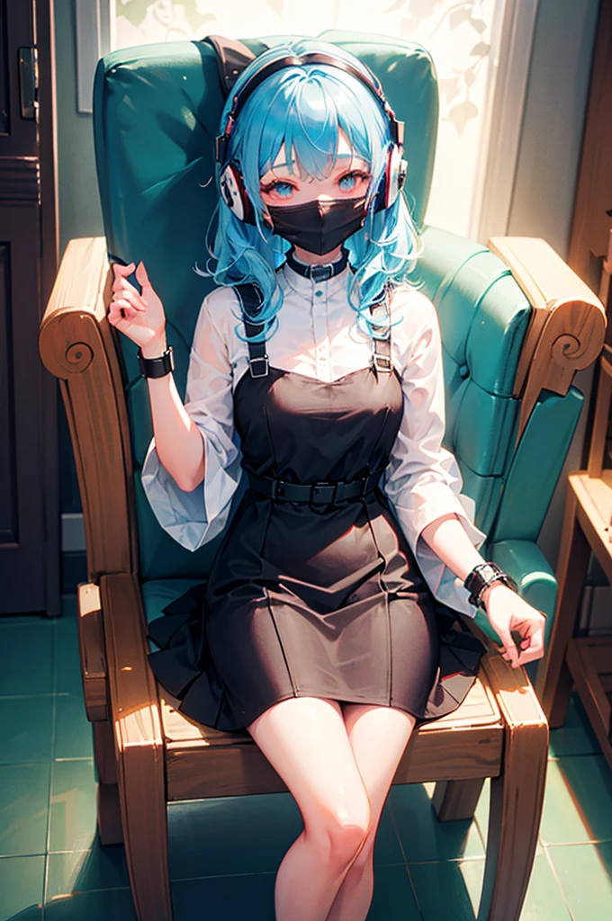 An early 50's woman sitting on the floor with a mobile phone in hand, big ,The cleavage of the breasts is emphasized,anime girl squatting, real anime girl, thick, blue and black, anime girl cosplay, Black and blue, cosplay, , stockings and skirt, Beautiful anime girl squatting, giant legs towering over you, exposed thighs!!!