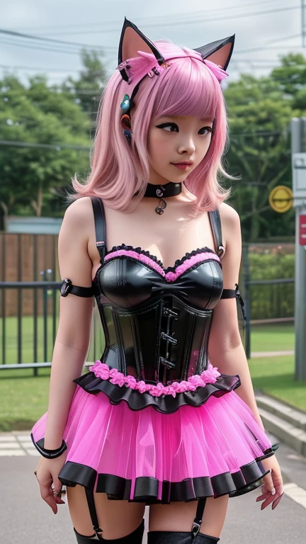 Asian teen solo with pink hair, straight hair, slim model, pink and black latex corset, pink and black tutu skirt, latex arm warmers, knee high latex boots, cat ears, bouncy castle, sex porn , femdom, sex toy
