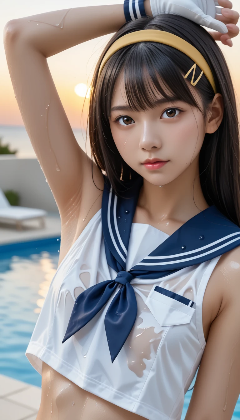  wet single Japanese  、masterpiece 、  top quality 、  ultra high definition、 realistic、 dim sunset sunset 、  RAW photos 、4K Ultra HD、1080P、 oily skin、 brown eyes、 black hair、 wet straight hair 、 beautifully manicured hair 、Shame Emotions、 selfie、 side view、 break (((  beautiful model armpit close-up  、 pay attention to armpits  ,  focus clearly on armpits)))、 break (((Close-up armpit )))、 break ((( focus on beautiful armpits )))、 break (((Wet sailor collar , sailor cuffs、White Gloves、No pants)))、(((Wet sailor collar , yellow headband 、 hair clip)))、((Sunset sky 、Outdoor Pool、 blur background))、((( flat chest without bulging、Five fingers)))、((( anatomically correct)))