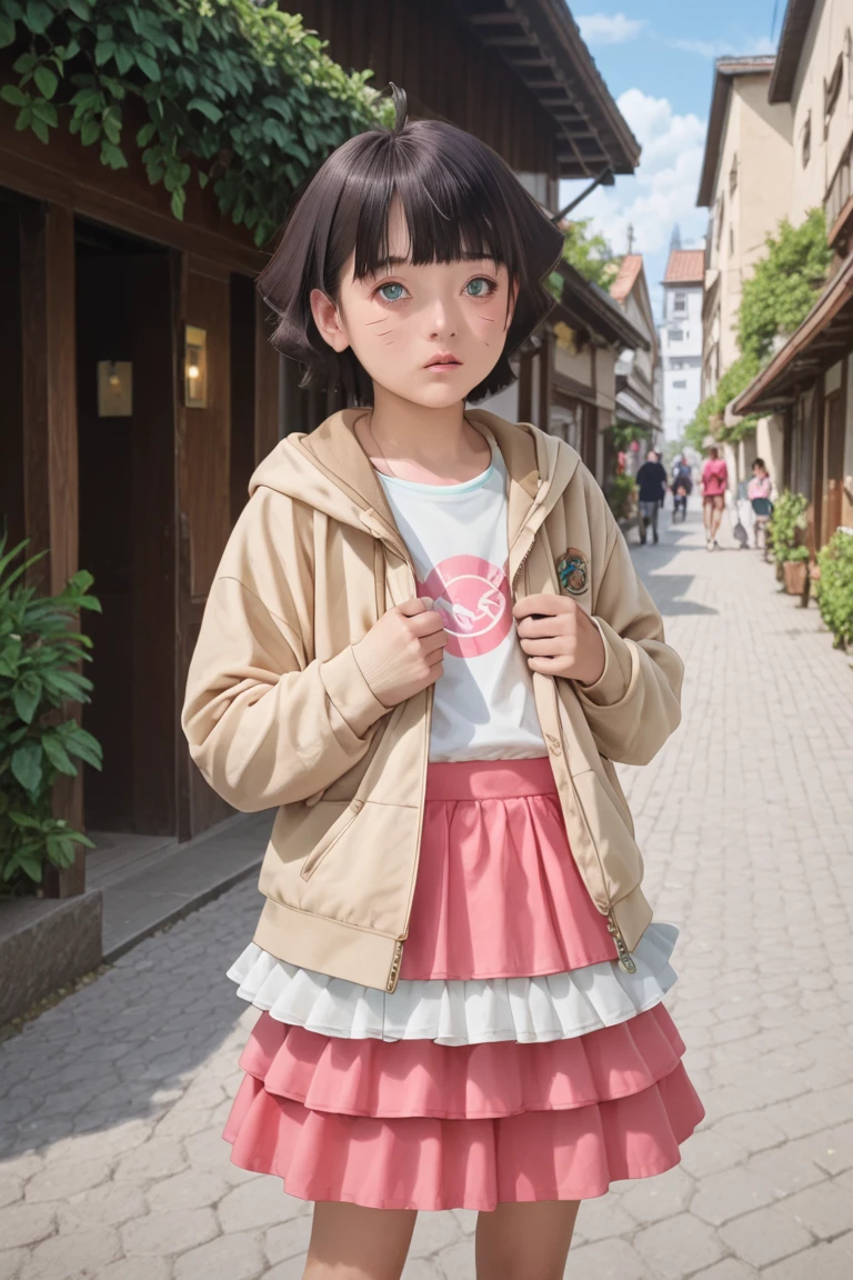 Hyuuga clan, Byakugan white eyes , Himawari youg , dripping vagina,  High resolution , Face confused expression,  pink short skirt jacket,  leaf village,  raised dress,