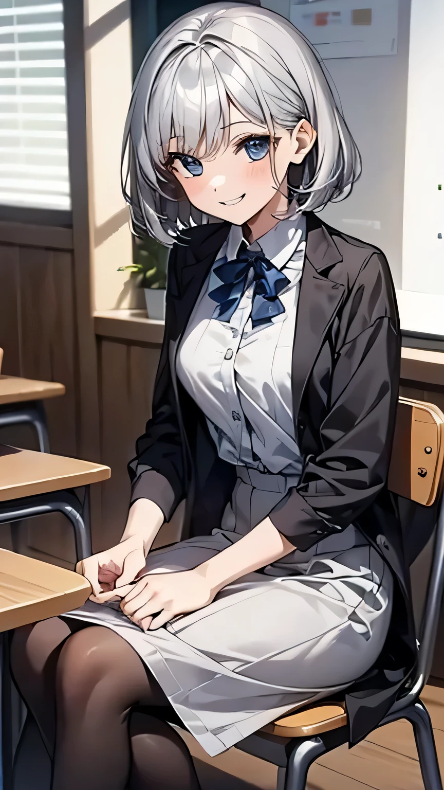 One Girl , alone, smiles, Shortcut , illustration, Silver Hair, high definition, chair during class、