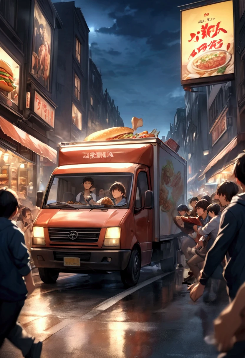 ('s greatest masterpiece , Very high definition) ,  cooking car running fast through the food street(( motion blur that sticks to your mouth:1.8)) , Young Man Driving "Asuka"The figure of is reflected in the sky , hungry crowd chasing cooking truck with a loud cry( cinematic lighting:1.5 , dramatic effect:1.6 , Panic scene :1.8)