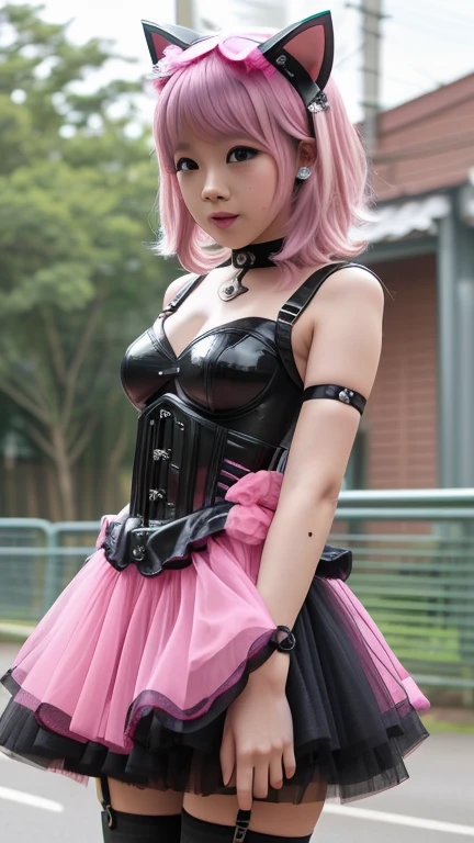 sexy stylish Swedish model, only 1 female, ((doll-like appearance)), short neon pink stylish hair, ((shiny Punk-Style boots)), (big smile), ultra detailed eyes, Punk makeup, lipgloss, ((sexy Punk Lolita cosplay)), unconventional skirt, petticoats, high neckline, ((ultra detailed lace)), ((ultra detailed embroidery)), intricate details, tartan patterns, safety pins, Punk Lolita accessoires, Punk Lolita choker, ((large sparkling Punk Lolita jewelry)), cinematic light, detailed large park background with trees