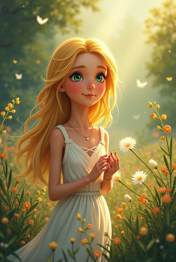  with straight white hair smiling 

