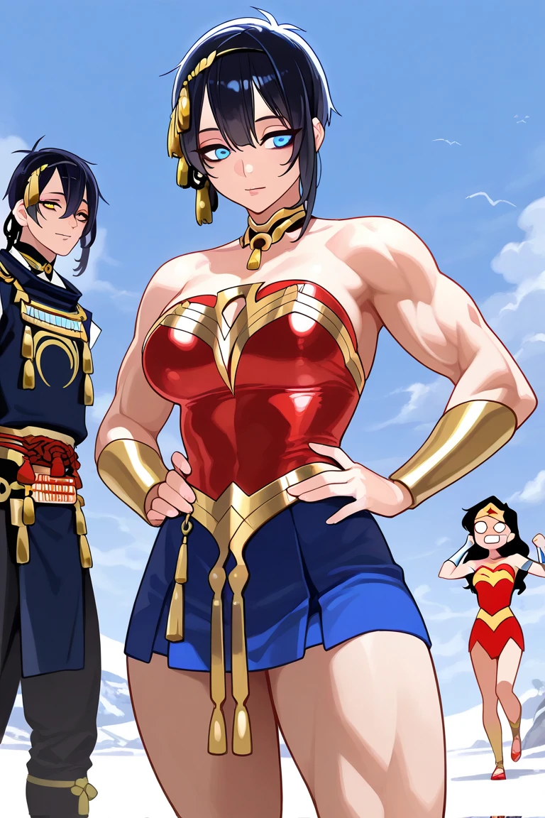    (High Resolution CG), (Best Quality), (High Resolution CG), (Best Quality), (Mikazuki Munechika), (Full View) Cool and handsome face of Hanagai, Cool and handsome face of Wonder Woman costume handsome man, 18 years old, firm muscles, cool and attractive, sharp eyes