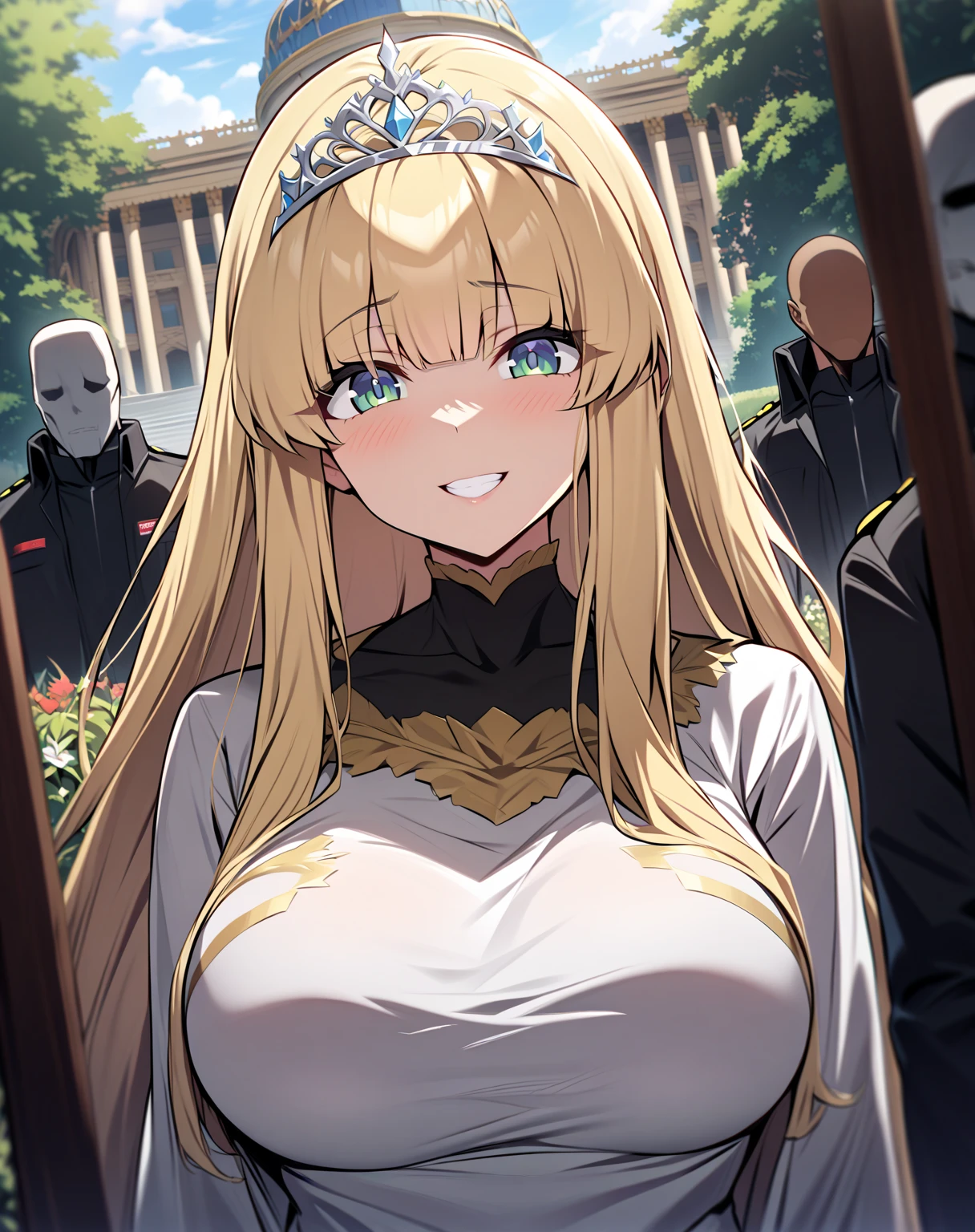 {{ upper body,  Dutch angle}} {{ artist: moisture_(Chichi)}}  female 1,  there are 2 security guards on each side holding her, 2 men in armor ,  Faceless Woman ,  mature woman,  elegant ,  princess,  big boobs,  Straight Hair , Blonde,  long hair, hime cut,  green eyes, white dress,  gold trim ,  tiara ,  Watching Viewers ,  grin ,  detained by 2 men ,  Faceless Man , Outdoors, garden, palace,