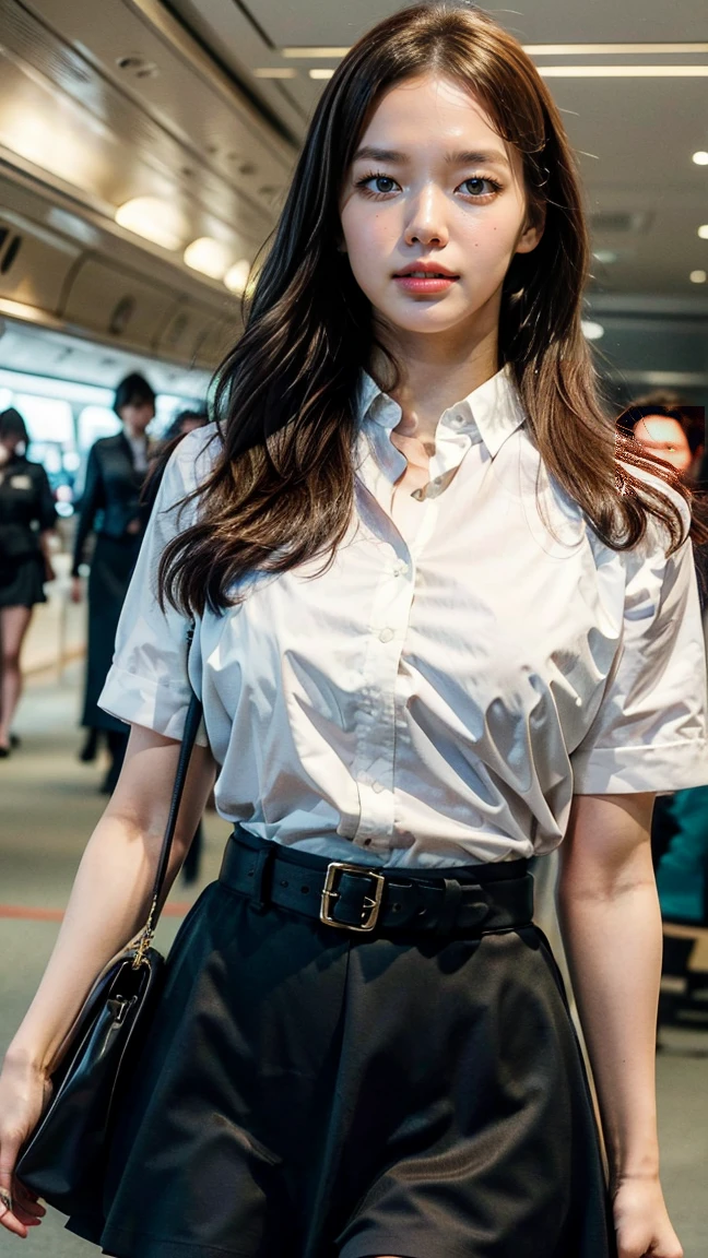 (elevation)(Stewardess Uniform、Tight mini skirt)(Lace panties)Mix 4,Very detailedな (8K, RAW Photos, 最high quality, masterpiece: 1.45), (Realistic, Realistic: 1.37), (Ultra-high resolution)(Textured skin)(Very detailed)(high quality)(最high quality)(First Person View)Cute Woman,smile ,airport,Sitting in a chair。Lace panties