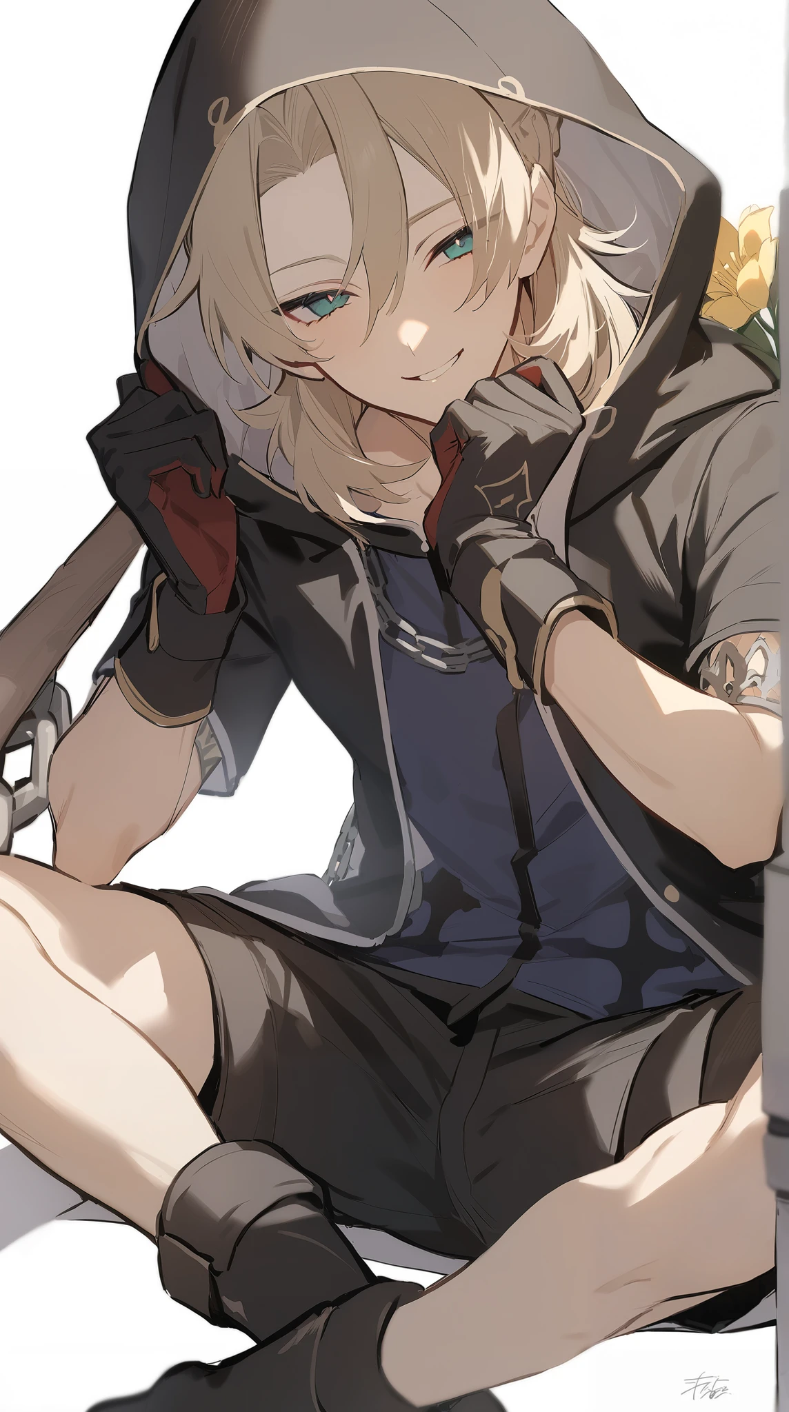 masterpiece, best quality,Albedo \( cross-shaped student's pupils through Kuroi's \), 1 boy, male focus, unique ,Sitting,Under the hood ,Hold,flower,BLACK FEET , black gloves ,Shut up,Short sleeve, Smile,High boots, white background, BLACK SHORTS ,signature, viewers,chain, hooded jacket, simple background,