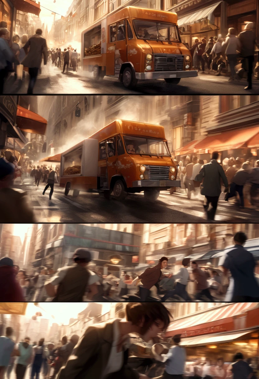 ( top quality , Very high definition) ,  cooking car running fast through the food street(( motion blur that sticks to your mouth:1.8)) , hungry crowd chasing the cooking truck with their noises( cinematic lighting:1.5 , dramatic effect:1.6 , Panic scene :1.8)