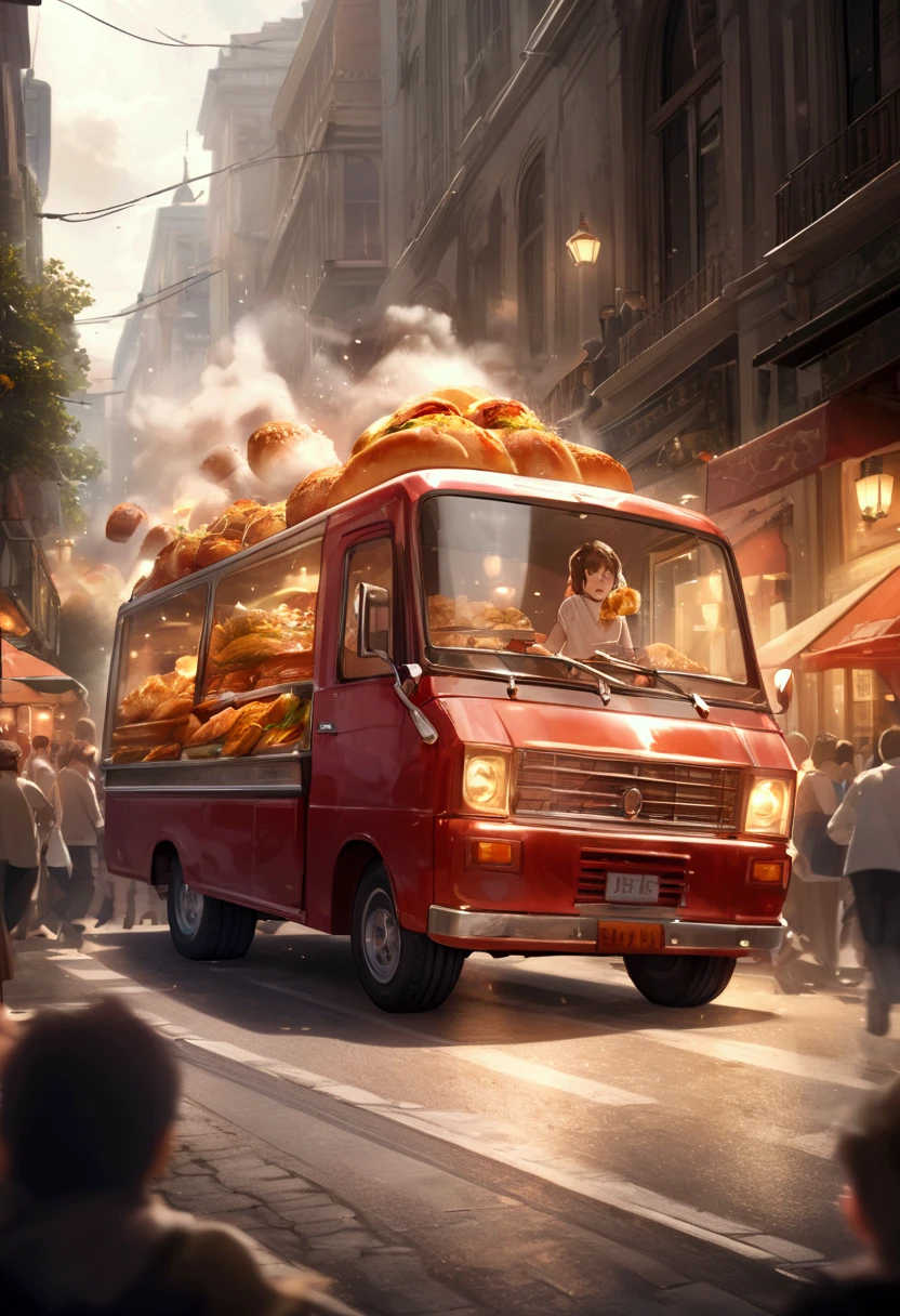 ( top quality , Very high definition) ,  cooking car running fast through the food street(( motion blur that sticks to your mouth:1.8)) , hungry crowd chasing the cooking truck with their noises( cinematic lighting:1.5 , dramatic effect:1.6 , Panic scene :1.8)