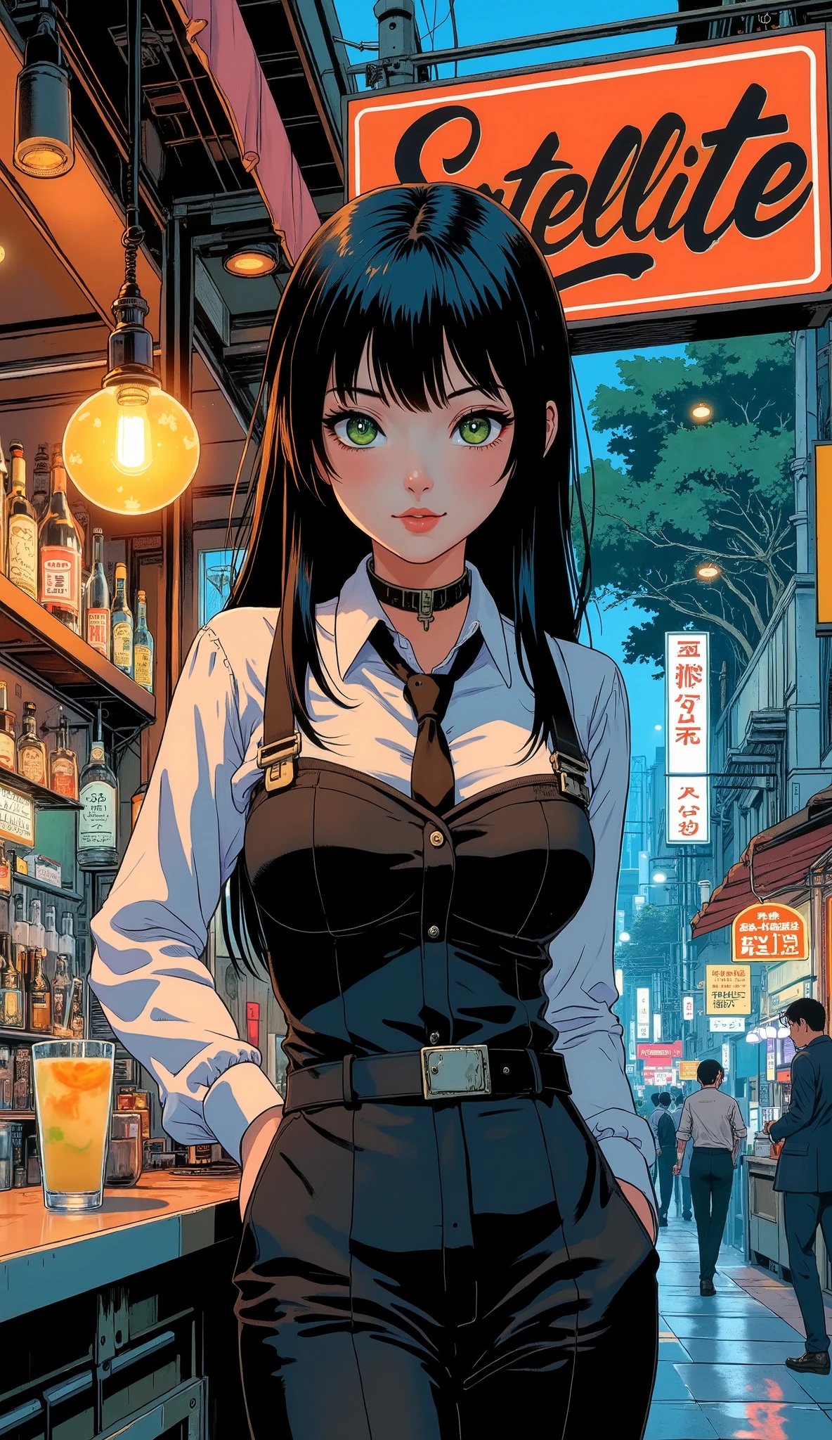 Scenery with a street stall in an office district, Beautiful clerk, beautifully detailed eyes, Beautifully Detailed Lips , highly detailed eyes and faces, long lashes, long straight black hair , green eyes, Street Food Bars , Cocktails Lined Up , sign"SATELLITE", Detailed finger features, ( Bartender Costumes, waiter apron, Black vest, Y shirt, black pants style), Ambient Stalls , dramatic lighting , dark fantasy , indecent vibe, Beautiful round breasts:1.2, tempting viewers :1.2, bright color, cinematic composition , anime style:1.2, Detailed CG illustration, 8k, masterpiece.
