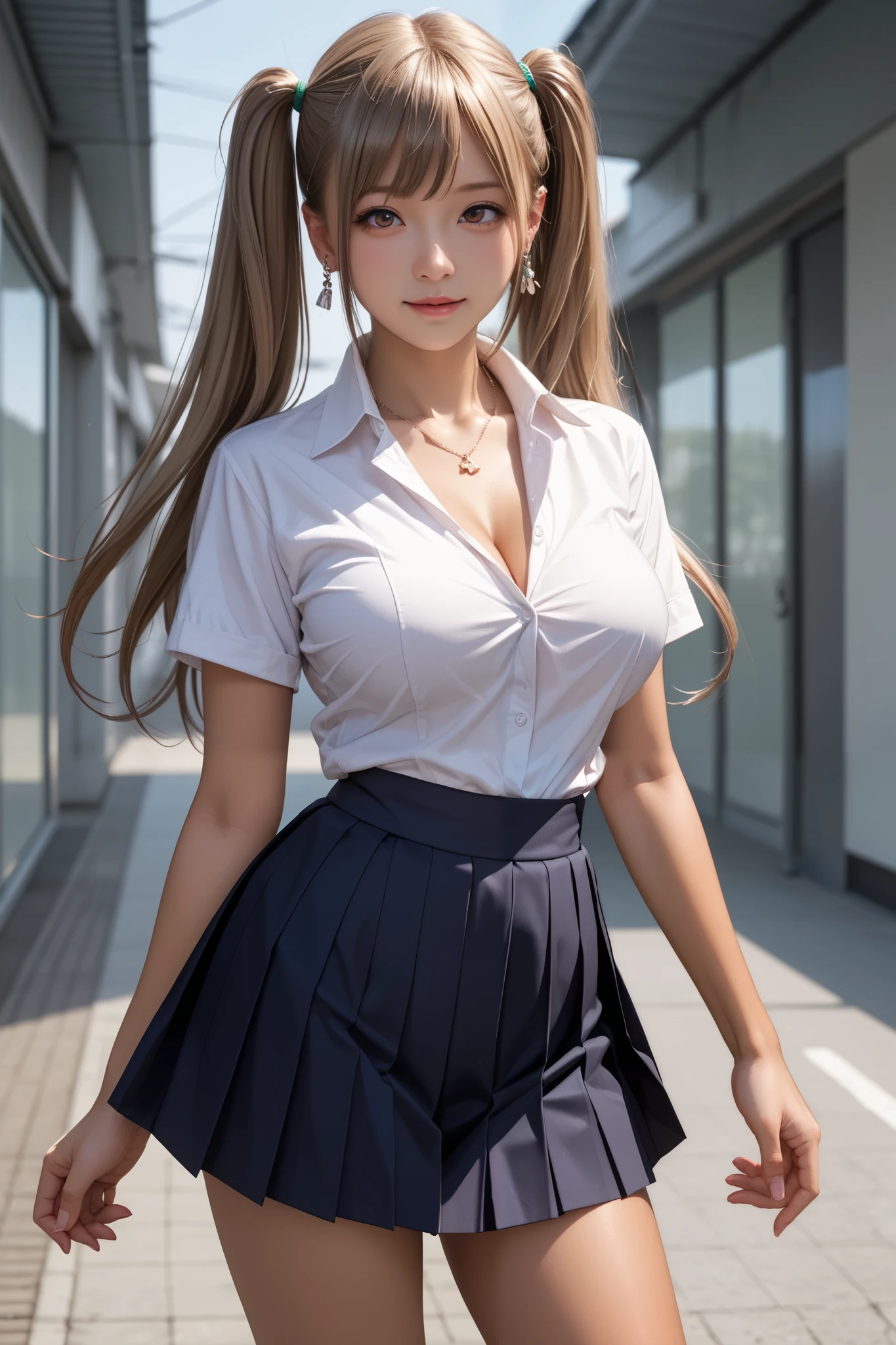 score_9, score_8_up, score_7_up, score_6_up, score_5_up, score_4_up,
1girl,Alone:1.2,(tan Skin:1.3)
beautiful Japanese girl,large breasts,Small waist,complete body,
school uniform, plain white collared-shirt,large breasts,short sleeves, navy pleated skirt, mini skirt, A-line, loose socks,
break,japanese girl,gravure,
good hand,blonde long hair,twintails,gal,necklace,Earrings,(brown eyes),
BREAK,
(A girl looks back and smiles), (Her skirt flutters),(At Shibuya Crossing),JK,