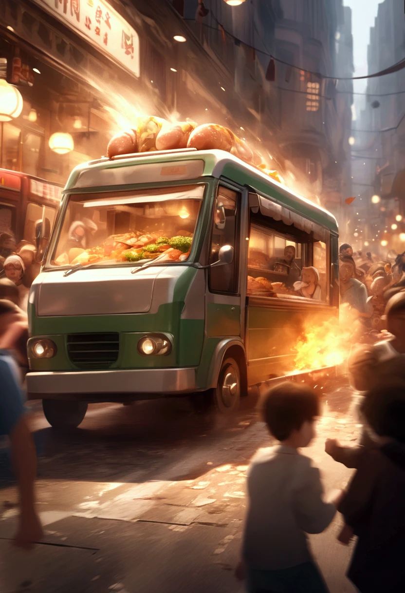 ( top quality , Very high definition) ,  cooking car running fast through the food street(( motion blur that sticks to your mouth:1.8)) , hungry crowd chasing the cooking truck with their noises( cinematic lighting:1.5 , dramatic effect:1.6 , Panic scene :1.8)