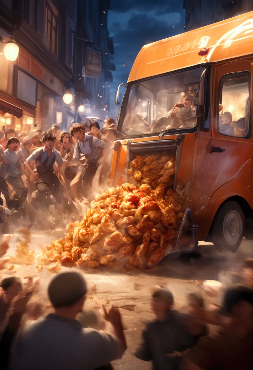 ( top quality , Very high definition) ,  cooking car running fast through the food street(( motion blur that sticks to your mouth:1.8)) , hungry crowd chasing the cooking truck with their noises( cinematic lighting:1.5 , dramatic effect:1.6 , Panic scene :1.8)