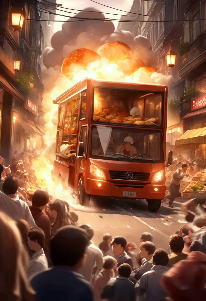 ( top quality , Very high definition) ,  cooking car running fast through the food street(( motion blur that sticks to your mouth:1.8)) , hungry crowd chasing the cooking truck with their noises( cinematic lighting:1.5 , dramatic effect:1.6 , Panic scene :1.8)